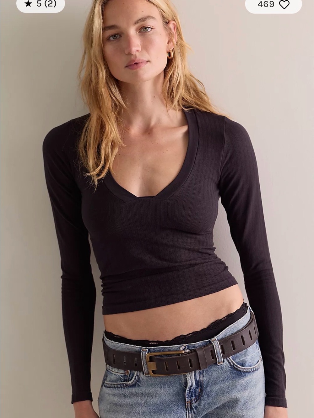 Free People Wide Awake Plunge Long Sleeve Top. NWT. Black